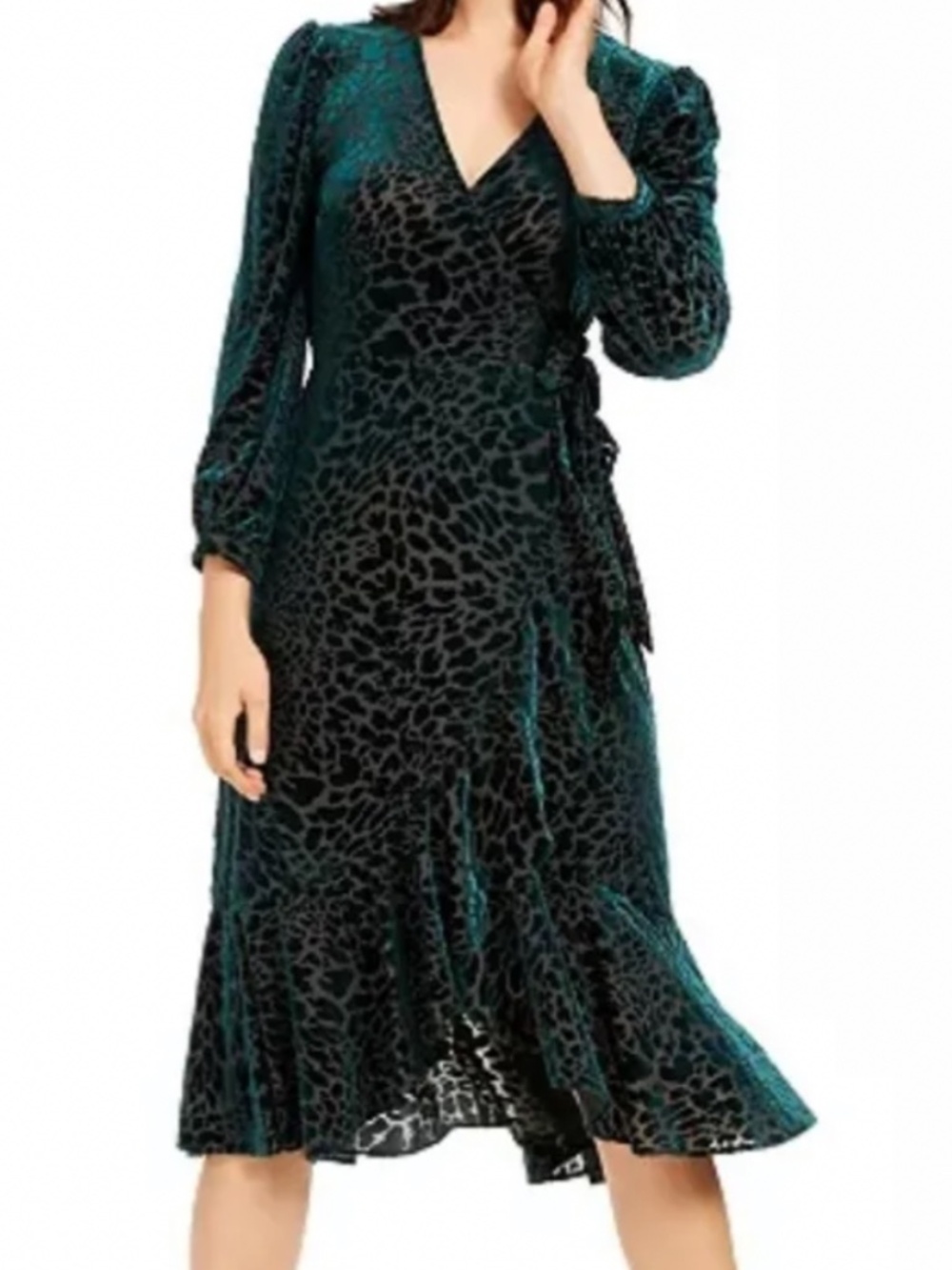 NWT Calvin Klein Size 10 Burnout Green Velvet Animal Print Wrap Dress